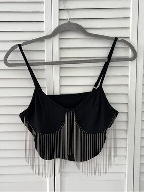 SHEIN Black Fringed Chain-Trim Black Cami Tank